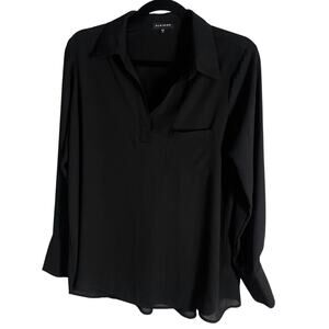 Pieione, Size Small, Black Split Neck Blouse, Minimalist, Relaxed Fit, Flowy